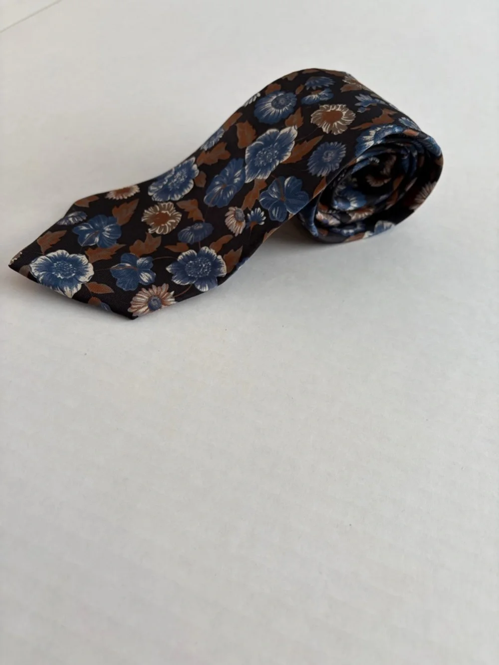 Vintage Floral Silk Tie Made USA Blue Brown Italian Silk Necktie